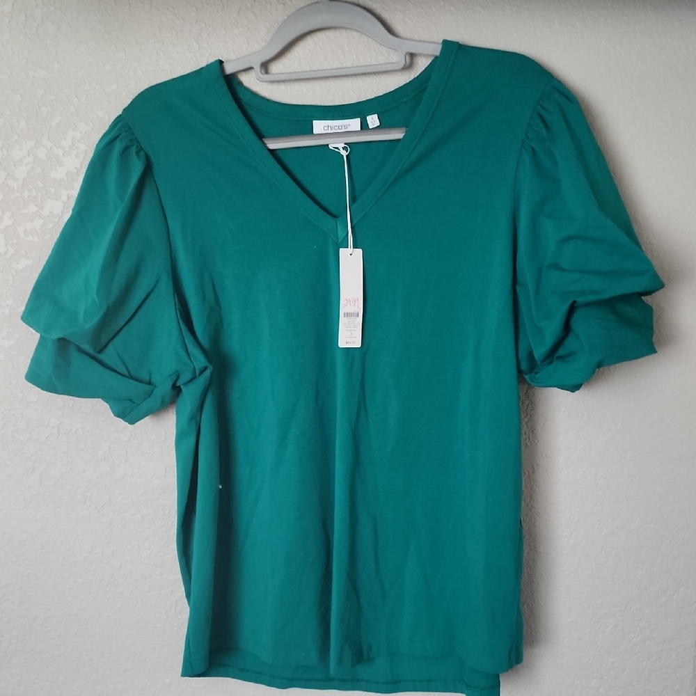 Chico's Green Puff Sleeve Ruffled Blouse